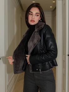 Bris Aura 女式黑色 PU 皮革复合仿兔毛领夹克 - 黑色 - 查看 3