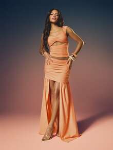 MISSGUIDED Women's Ruched Bodycon Maxi Skirt With Asymmetric Long Hem Detail And Side Split For Evening Party Occasions - Orange - View 5