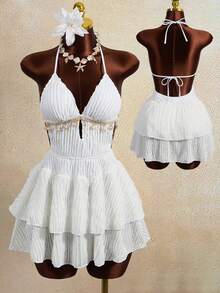 Zestiva Conjunto de traje de baño con diseño de volantes, cuello en V profundo y cordones, de tela con textura ondulada, adecuado para la playa, la isla, fiestas y vacaciones - Blanco - Ver 3