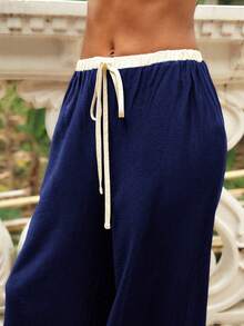 Swim Chiccia 女士夏季沙滩撞色系带宽松直筒阔腿休闲度假优雅罩衫裤套装 - 藏蓝色 - 查看 3