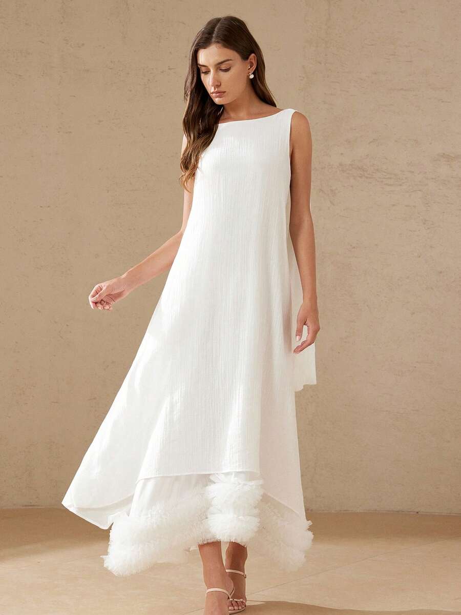 BELROSIE Women's Elegant White Summer Vacation Long Maxi A-Line Dress,Mesh Round Neck Sleeveless Crinkle Fabric Ruffle Hem French Party Wedding Guest - White - View 1