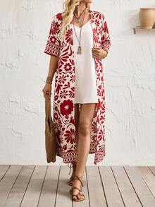 Breezaya 2026 Spring/Summer Vacation Style Casual Fusion Tropical Vibe Loose Fit Design, Featuring Relaxed Unstructured Silhouette, Floral & Retro Print Elements, Cardigan, V-Neck Fitted Dress, 2pcs Set In Red/White, 2pcs Set In Water Retro Print - Red and White - View 7