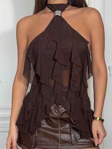 Camiseta ajustada de mujer con cuello alto y volantes multicapa elegante - Café integral - Ver 6