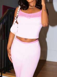 Steph T Women 2pcs/Set Lace Camisole & Flare Pants, Casual Outfit For Girls Pink Flare Pants Set Lace Trim Two Piece Set - Pink - View 3