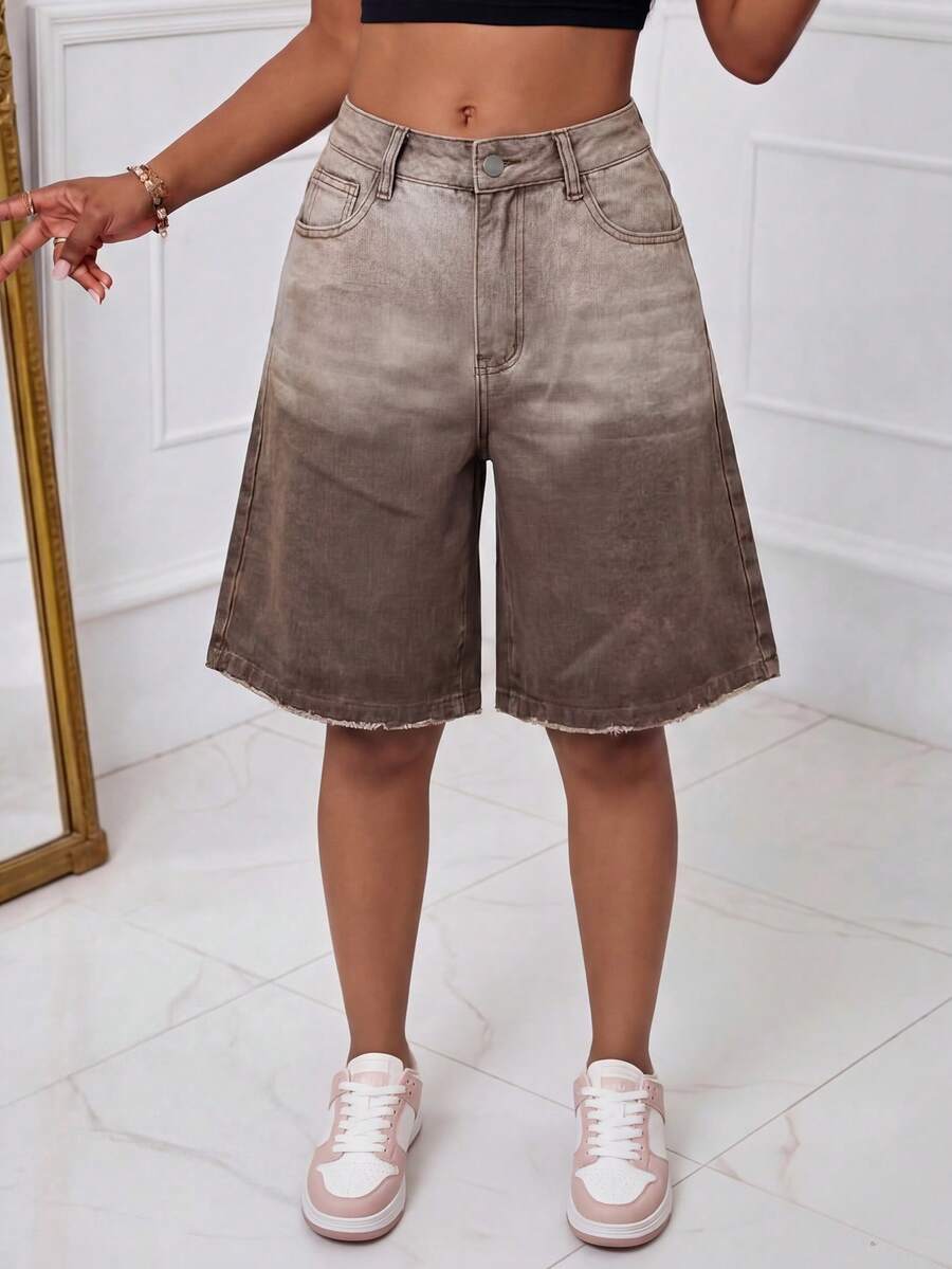 SHEIN ICON Quần short denim ống rộng dáng rộng, kiểu dáng thường ngày, màu ombre, dành cho nữ, thích hợp mặc mùa hè. - màu nâu - Xem 1