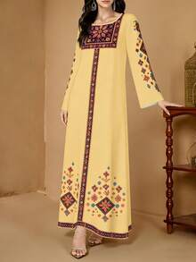 SHEIN Najma 花卉植物印花V领长袖连衣裙，优雅阿拉伯风格长款连衣裙，春夏款 - 彩色 - 查看 4