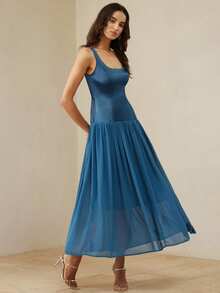 Aveloria Rosie Elegant Chiffon Dress With Satin Fabric Splicing, U-Neck Sleeveless Design, Minimalist High-End Luxury Style For Women - Teal Blue - View 1