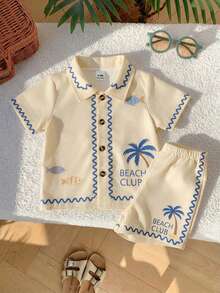 SHEIN Playful Pals 2件/套 嬰幼兒男童夏日度假趣味熱帶風短袖襯衫與短褲海灘套裝 6M-3T 波希米亞風服飾 - 米色 - 查看 4