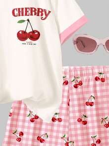 Conjunto de 2 piezas de camiseta de manga corta de cuello redondo holgada y pantalones cortos con estampado de cuadros en blanco crema y rosa crema, estilo vintage retro dulce y elegante para niñas preadolescentes, adecuado para primavera/verano, uso diario, casual, salidas, vacaciones, campus, verano y atuendos de verano, cómodo y fácil, capas de verano para niños, ropa gráfica vintage de niños, de vuelta a la escuela, homecoming, estilo relajado, chic relajado, atuendos con vibra tranquila - Multicolor - Ver 7