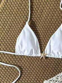 Swim Vcay Áo bikini dây buộc cổ màu trơn trang trí kim loại của Swim Chicsea-D dành cho nữ, thích hợp cho mùa xuân/hè. - trắng - Xem 4