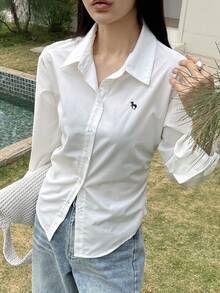 DAZY Áo kiểu nữ màu trơn, ôm eo, tay dài, phong cách thường ngày thanh lịch mùa hè. - trắng - Xem 5