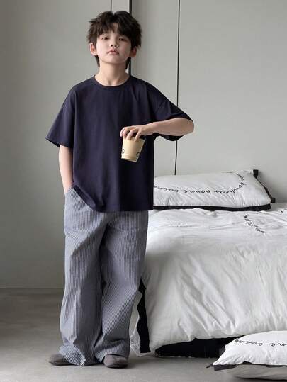 Dazy Kids 2pcs/Set Toddler Boys' Round Neck Knit Short Sleeve T-Shirt + Plaid Pants Casual Outfit, Spring/Summer