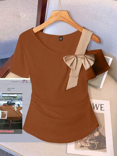 GlowEve CURVE Plus Size Women Casual Bow Tie Contrast Color Decor Short Sleeve T-Shirt Brown Blouses Bow Shirts Coffee Brown Top Bow Top Chocolate Brown Top