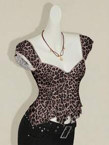 SHEIN ICON Camiseta elegante de manga corta con cuello en forma de corazón, dobladillo con volantes de doble capa y estampado de leopardo retro de punto, adecuada para uso casual en la calle, estilo chic, Y2K primavera - Multicolor - Ver 7