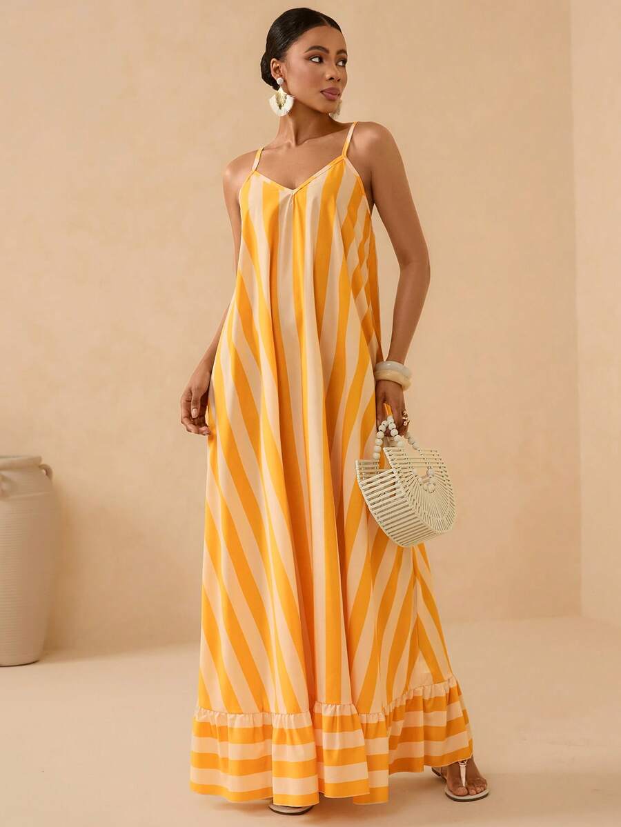 Vesra Women's Vacation Casual Contrast Color Striped Ruffle Hem Dress - Yellow - View 1