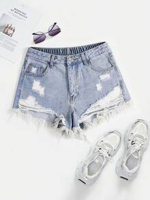 Breezaya Plus Size Women Summer Casual Fashionable Street Chic Daily Commute Distressed Frayed Hem Denim Shorts - Light Wash - View 1