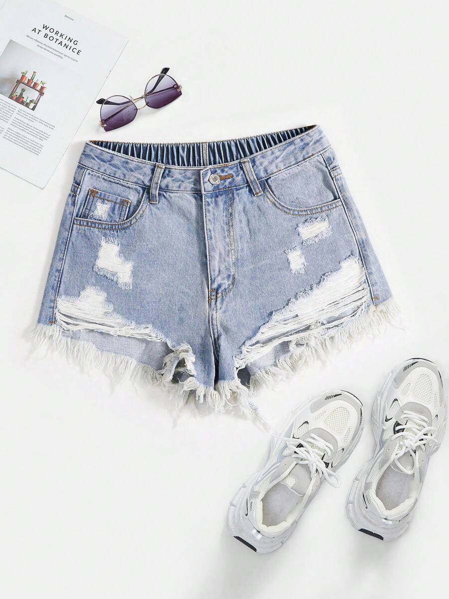 Breezaya Plus Size Women Summer Casual Fashionable Street Chic Daily Commute Distressed Frayed Hem Denim Shorts - Light Wash - View 1