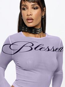SUMWON WOMEN Camiseta de manga larga con cuello redondo, gráfico de texto, parte superior de malla ajustada acanalada y elástica para capas - Lila Púrpura - Ver 6