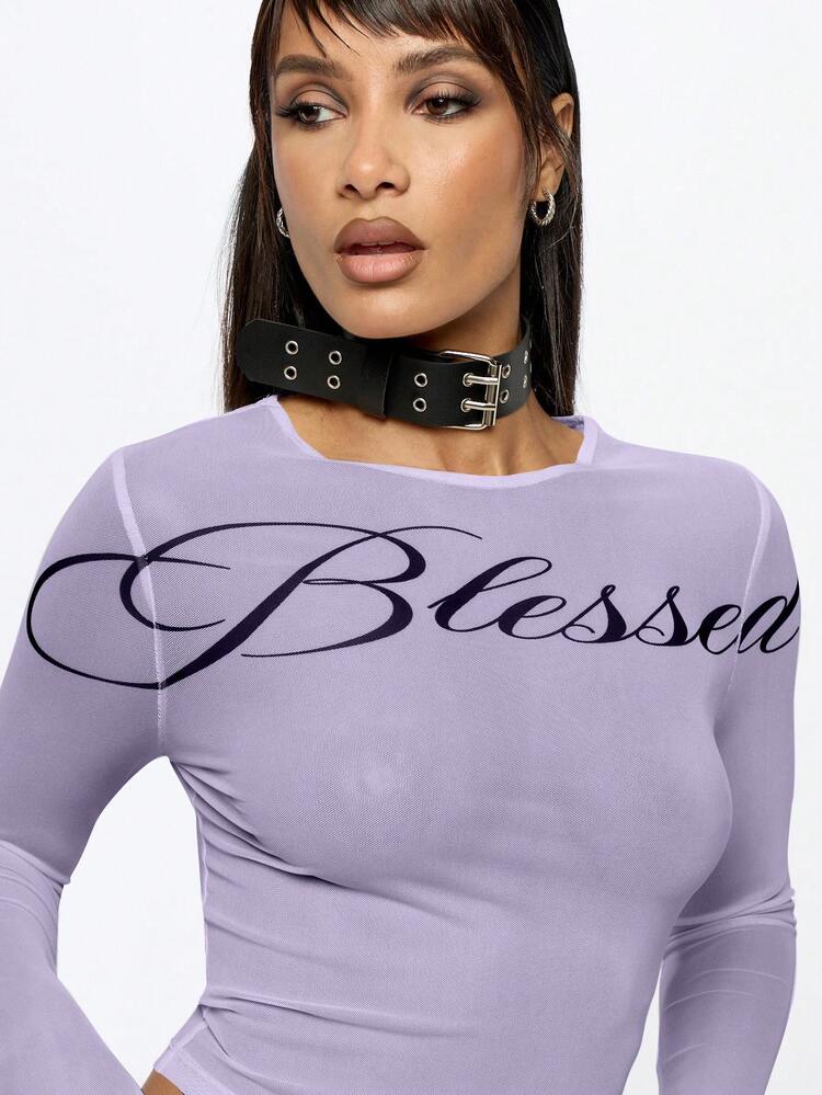SUMWON WOMEN Women Long Sleeve Crew Neck Script Graphic Mesh Top Cropped Fitted Ribbed Stretchy Layering Piece