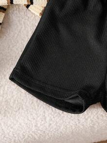 SHEIN Playful Pals Baby Boy Black And White Checkered Summer Casual City Break Khaki Textured Striped V-Neck Lapel Clothes,Kids Casual Daily Wear Spring Summer Outfit - Black - View 3