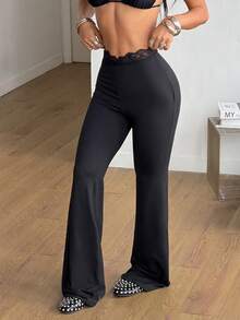 Coolane 女士街头风外出Y2K度假装扮锐舞派对蕾丝弹力舒适高腰黑色小码喇叭裤 - 黑色 - 查看 5