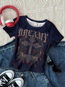 Bộ 3 áo croptop phong cách Grunge Vintage Punk Goth in hình trái tim, cánh và chữ thập, cổ tròn, tay ngắn, cạp cao, dáng regular, thích hợp cho mùa hè. - Nhiều màu - Xem 4