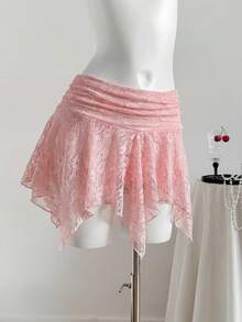 Comfortcana Falda asimétrica de encaje rosa para mujer, primavera/verano - Rosa - Ver 3