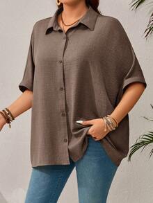 EMERY ROSE Camicia casual oversize da donna con maniche a pipistrello, monopetto, tinta unita, adatta per vacanze, abbigliamento estivo - Cachi - Visualizzare 4
