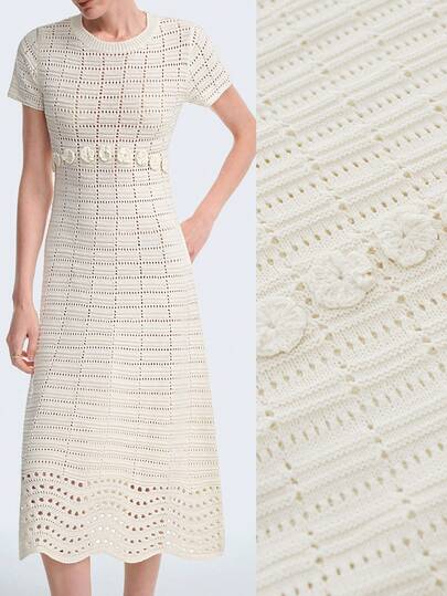 Aalyst 女士春夏新款单件圆领短袖修身优雅法式喇叭下摆3D立体花卉时尚设计通勤女士约会百搭中长针织套头连衣裙