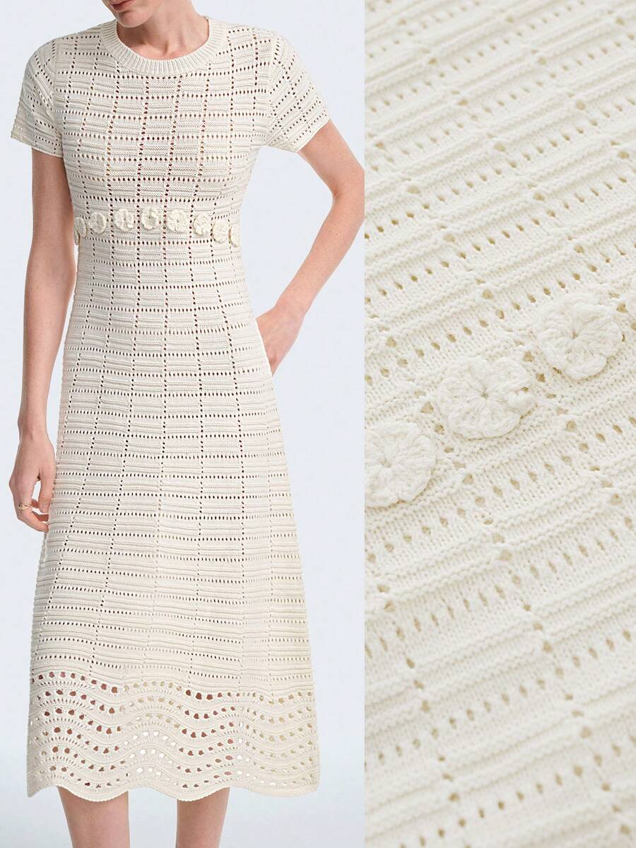 Aalyst 女士春夏新款单件圆领短袖修身优雅法式喇叭下摆3D立体花卉时尚设计通勤女士约会百搭中长针织套头连衣裙