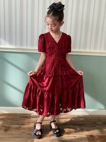 Dazy Kids Burgundy V-Neck Ruffle Trim Tween Girls Dress - Burgundy - View 7