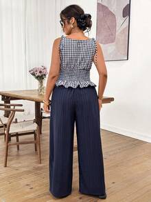 Lounesse Bộ đồ nữ cỡ lớn gồm áo kẻ caro có thắt eo và quần kẻ caro, màu xanh navy, kiểu dáng thường ngày, phù hợp đi làm. - Màu xanh hải quân - Xem 3
