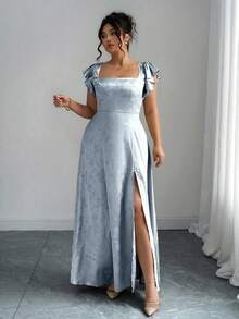 Elenzga Đầm dài tay bồng cổ vuông xẻ tà dành cho nữ cỡ lớn, chất liệu vải jacquard bóng màu xanh lá cây, đa năng cho đi làm, mặc hàng ngày, dự tiệc cưới, dạ hội, lễ tốt nghiệp, mua sắm, chụp ảnh, thoải mái và thời trang. - Màu xanh lam - Xem 8