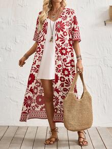 Breezaya 2026 Spring/Summer Vacation Style Casual Fusion Tropical Vibe Loose Fit Design, Featuring Relaxed Unstructured Silhouette, Floral & Retro Print Elements, Cardigan, V-Neck Fitted Dress, 2pcs Set In Red/White, 2pcs Set In Water Retro Print - Red and White - View 4