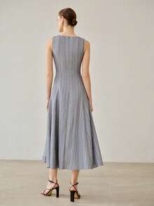 MOTF PREMIUM WOMEN'S SUMMER DENIM SQUARE NECK SLEEVELESS EMBROIDERED HOLLOW OUT DRESS - Blue - View 3