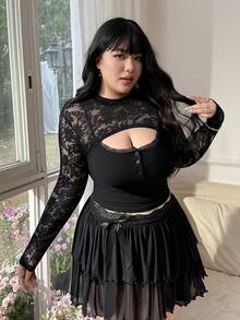 SHEIN CovetEZ 女士加大码蕾丝拼接立领时尚百搭长袖上衣 - 黑色 - 查看 3