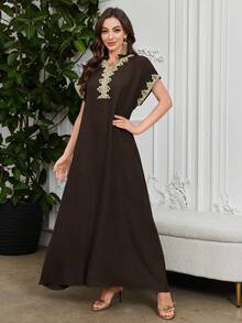 Al Najma Embroidered Collar Floral Raglan Sleeve Mandarin Collar Elegant Arabic Dress - Coffee Brown - View 6