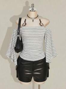 SHEIN ICON 大码女式 Y2K 复古条纹露肩喇叭袖吊带时尚 T 恤，前卫街头风，休闲喇叭袖露肩条纹针织上衣 - 彩色 - 查看 10