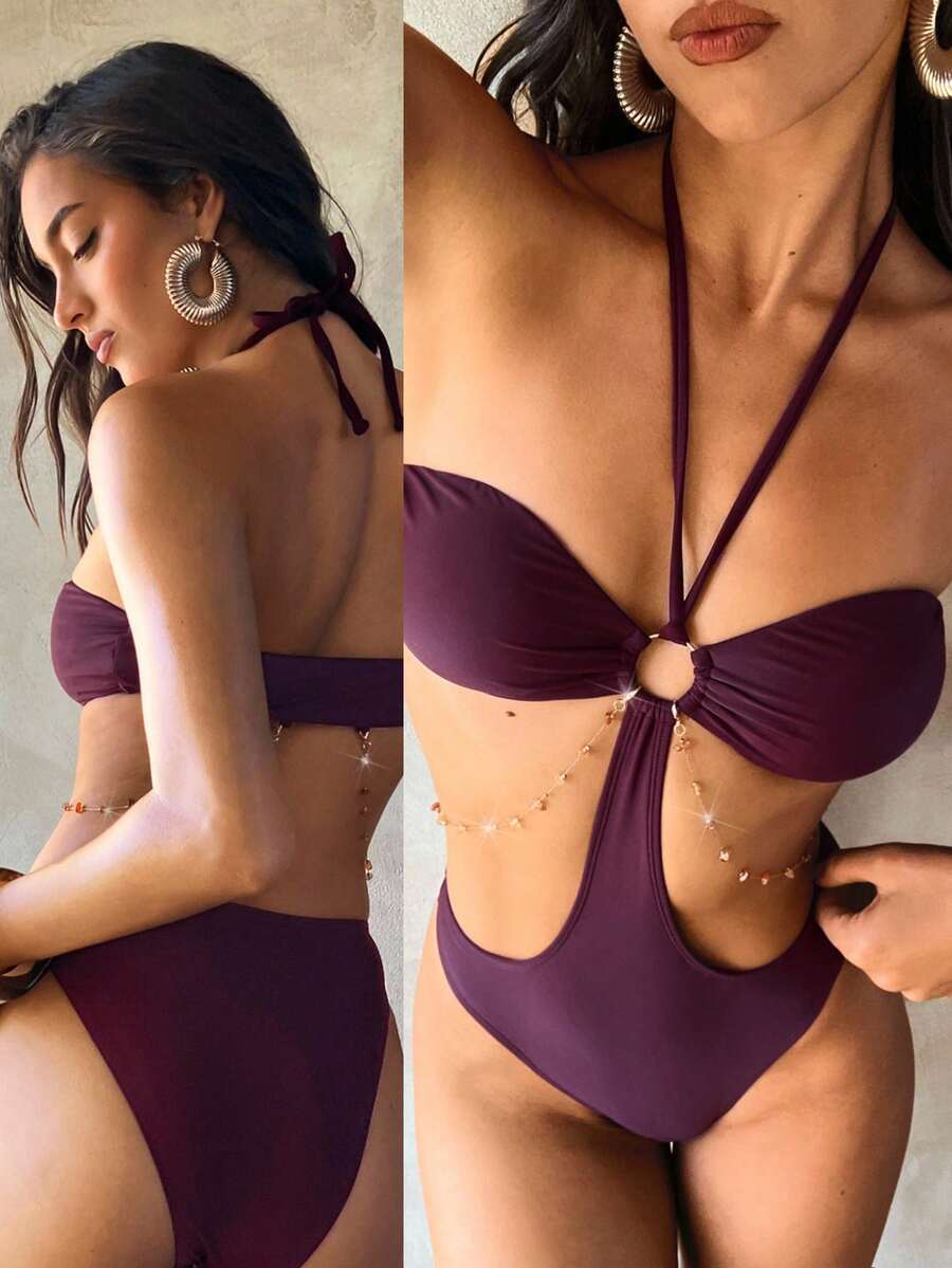 Aloruh 女士节日新款时尚泳装，纯色酒红色和李子色复古优雅性感露背设计，配腰链，适合派对、海滩、度假等场合。