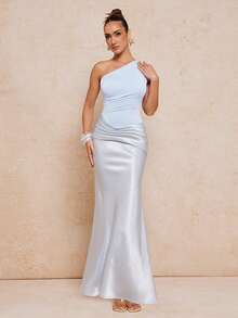 Lumalex 女士优雅奢华性感无袖褶皱收腰修身连衣裙，不对称领口，浅蓝色，春夏款 - 藍色 - 查看 9