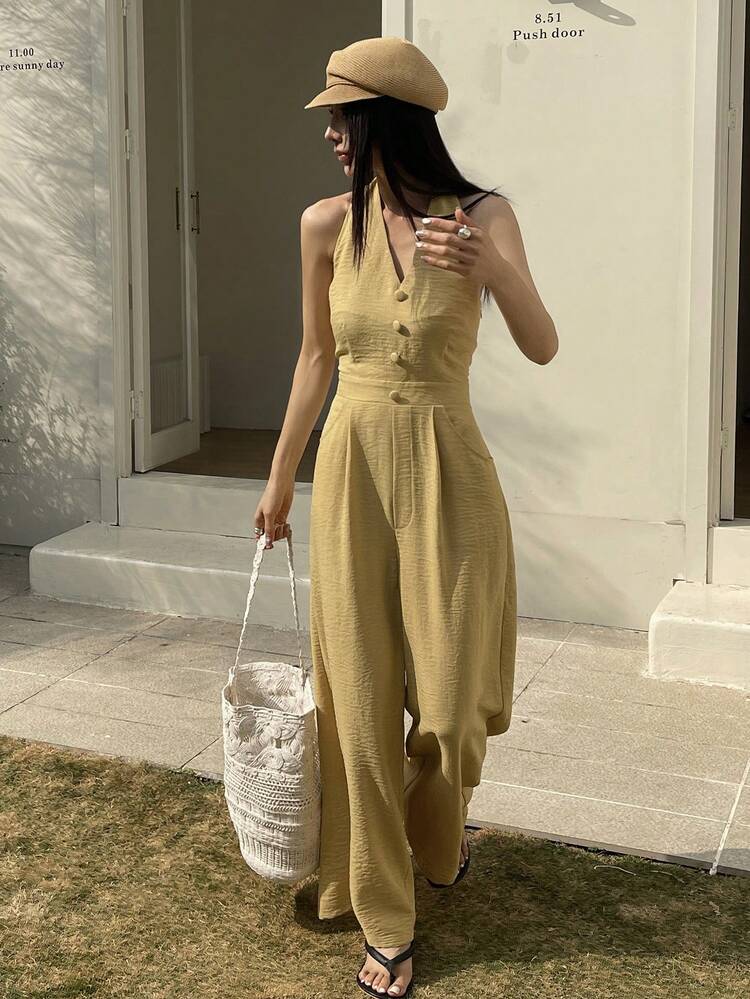 Women's Solid Color Halter Backless Wide Leg Jumpsuit, Casual Summer Holiday Lounge Sets For Women