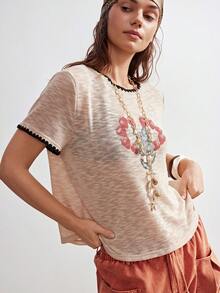 Bohemela Camiseta de punto de cuello redondo con textura de punto en color avena, con detalles de bloqueo de color y estampado de patrón retro, en estilo bohemio y cómodo casual Y2K. Perfecta para salidas casuales, reuniones con amigas, festivales de música, capas para fiestas o ropa de estar en casa relajada, con un estilo libre y relajado. - Albaricoque - Ver 8