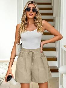Easowa Women Solid Color High Waist Drawstring Double Pocket Loose Casual Shorts,Casual - Apricot - View 9
