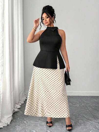 Elenzga Plus Size Halter Neck Fitted Top + Polka Dot Skirt 2 Pieces Set