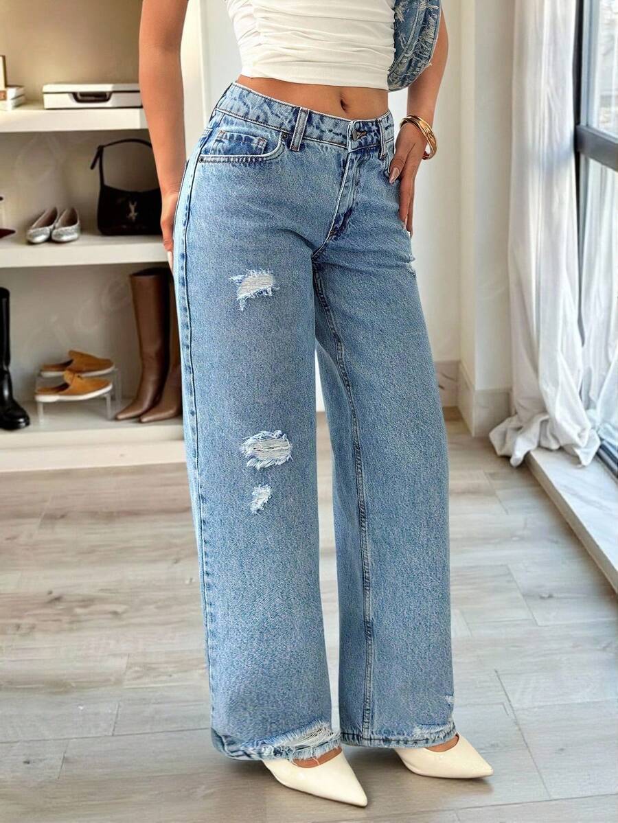 EURMUSE 女士口袋破洞阔腿宽松休闲百搭牛仔裤 - 藍色 - 查看 1