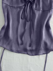 Nuevo top de verano para mujer con cuello halter, cintura fruncida y lazo, sexy y casual para vacaciones - Morado - Ver 5