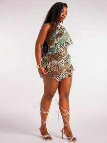 SHEIN SXY 大码女式豹纹斑马纹荷叶边下摆时尚派对连衣裙 - 彩色 - 查看 6