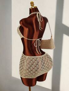 Amplova 女士露背吊带针织披肩，饰有贝壳，性感前卫，适合度假装扮，可爱复古迷你连衣裙披肩 - 杏色 - 查看 3