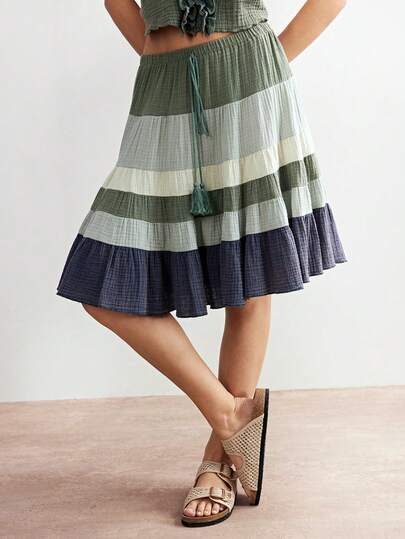 Bohemela Boho Free Style Casual Cotton Woven Patchwork Green Loose Women Skirt Bohemian Outfits Women Summer