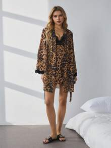 HautHeat Women's Sexy Leopard Print Contrast Lace Camisole Dress And Robe Sleepwear Set - Coffee Brown - View 5